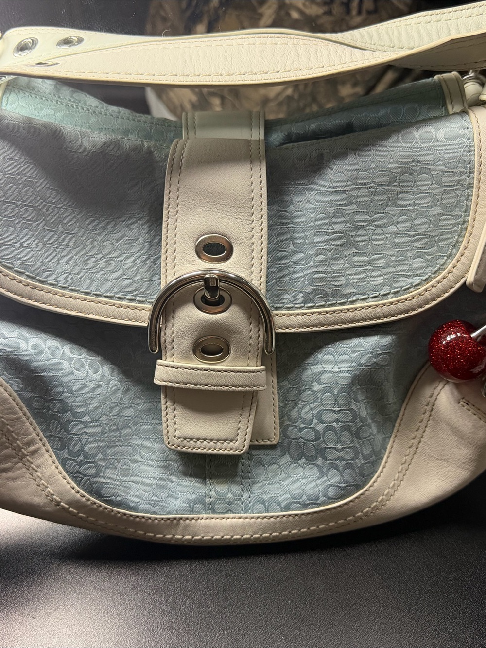 Cream and Light Blue Patterned Shoulder Bag with Buckle Detail